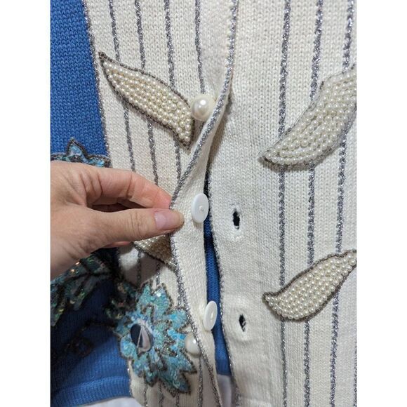 Storybook Knits Ladies Blue Cream Beaded Pearl Button Front Cardigan Sweater S - Picture 5 of 7